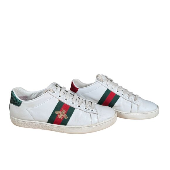 Gucci Bee Embroidered Ace Sneakers White Leather Low Top Shoe Size 37 - Picture 1 of 13